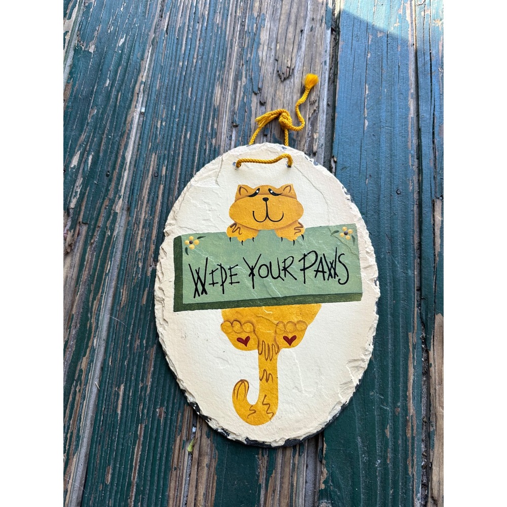 Vintage Hand Painted Slate Cat Sign Wipe Your Paws Wall Hanging Decor